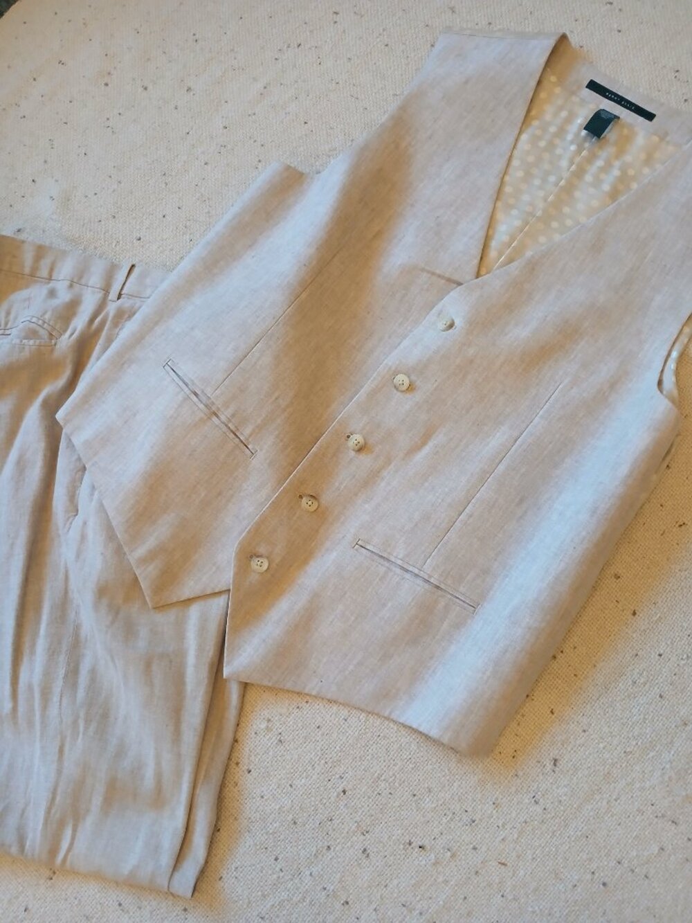 Perry Ellis Men’s 38x32 Linen Blend Vest Pants Suit Set Beige Tan Wedding